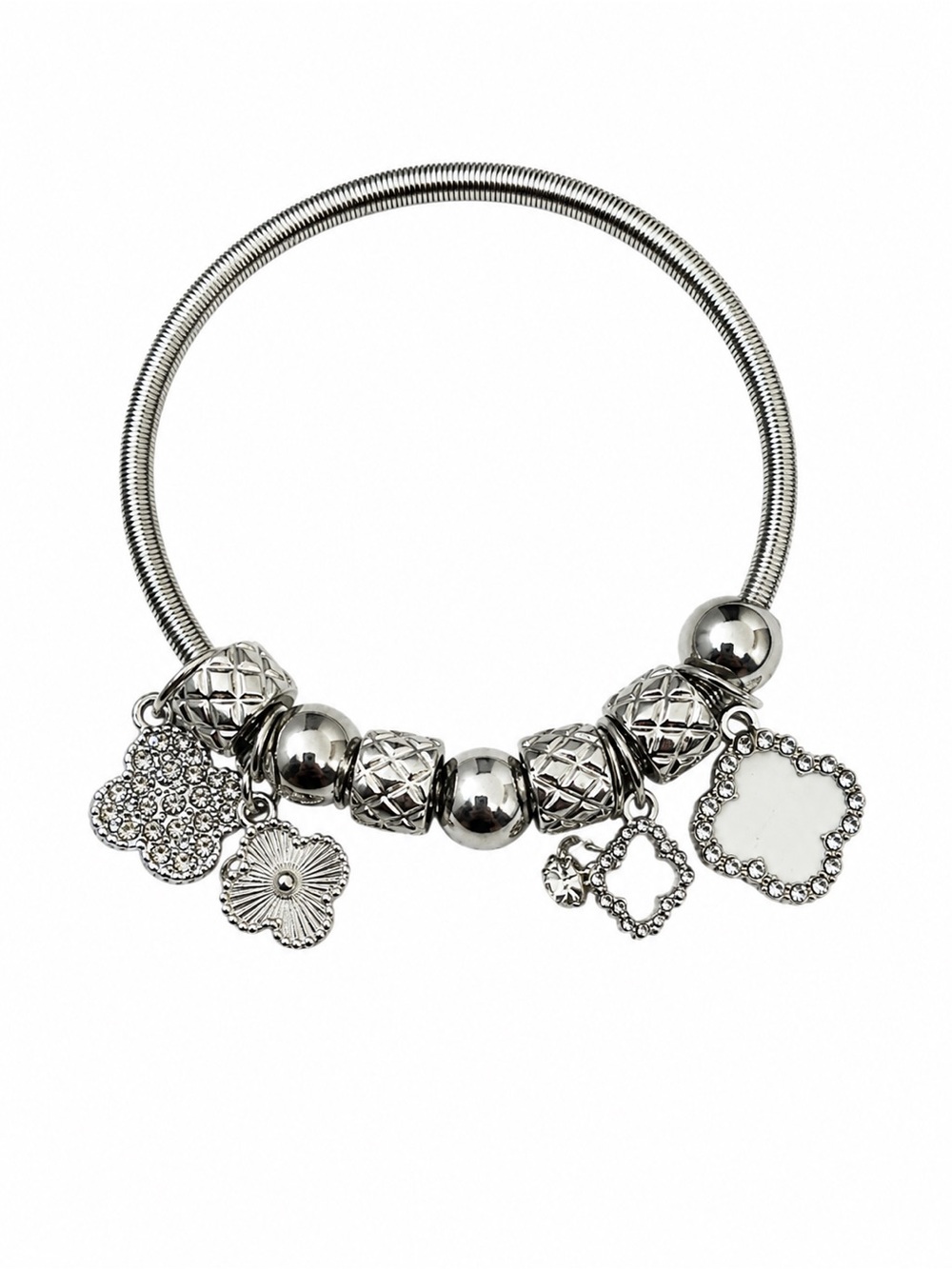Silver Tone Charm Bangle Bracelet White Clover Crystal Dangle Beaded Stretch Cu
